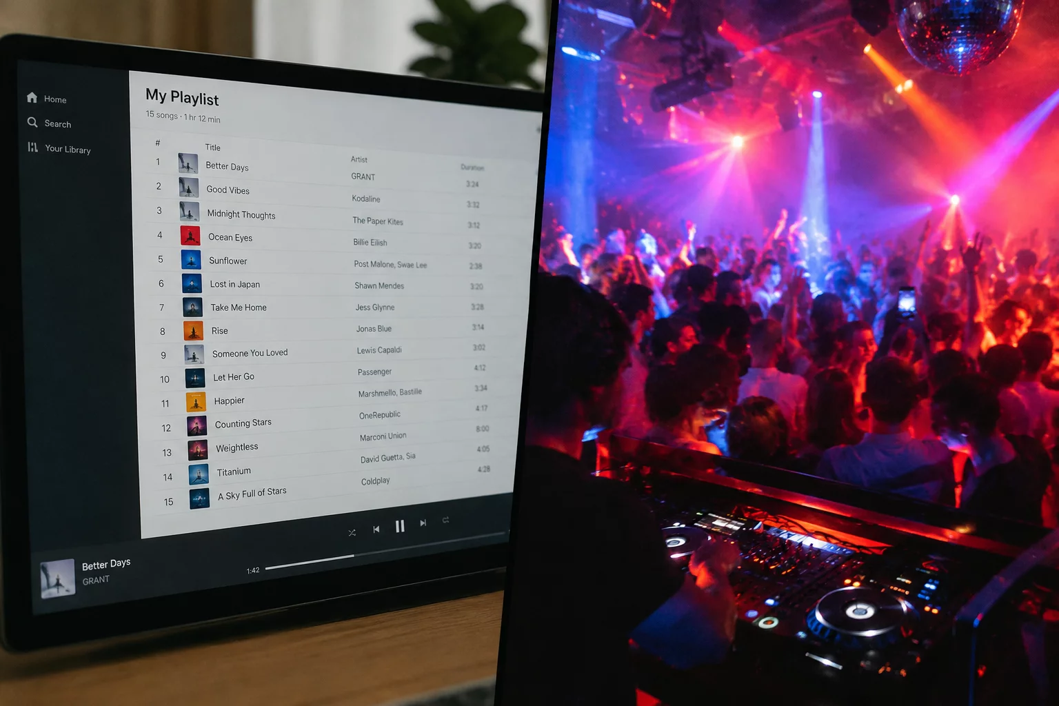 Turntables and mixer setup in club booth