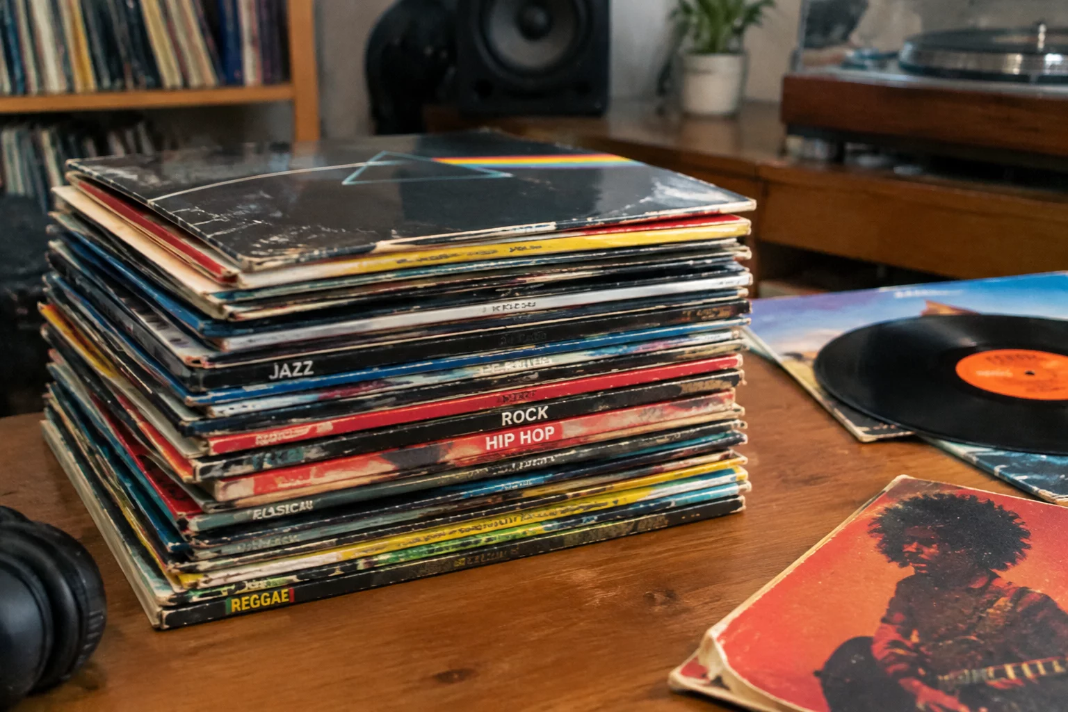 Turntable vinyl arm placed over groove showing cross-genre DJ mixing transition